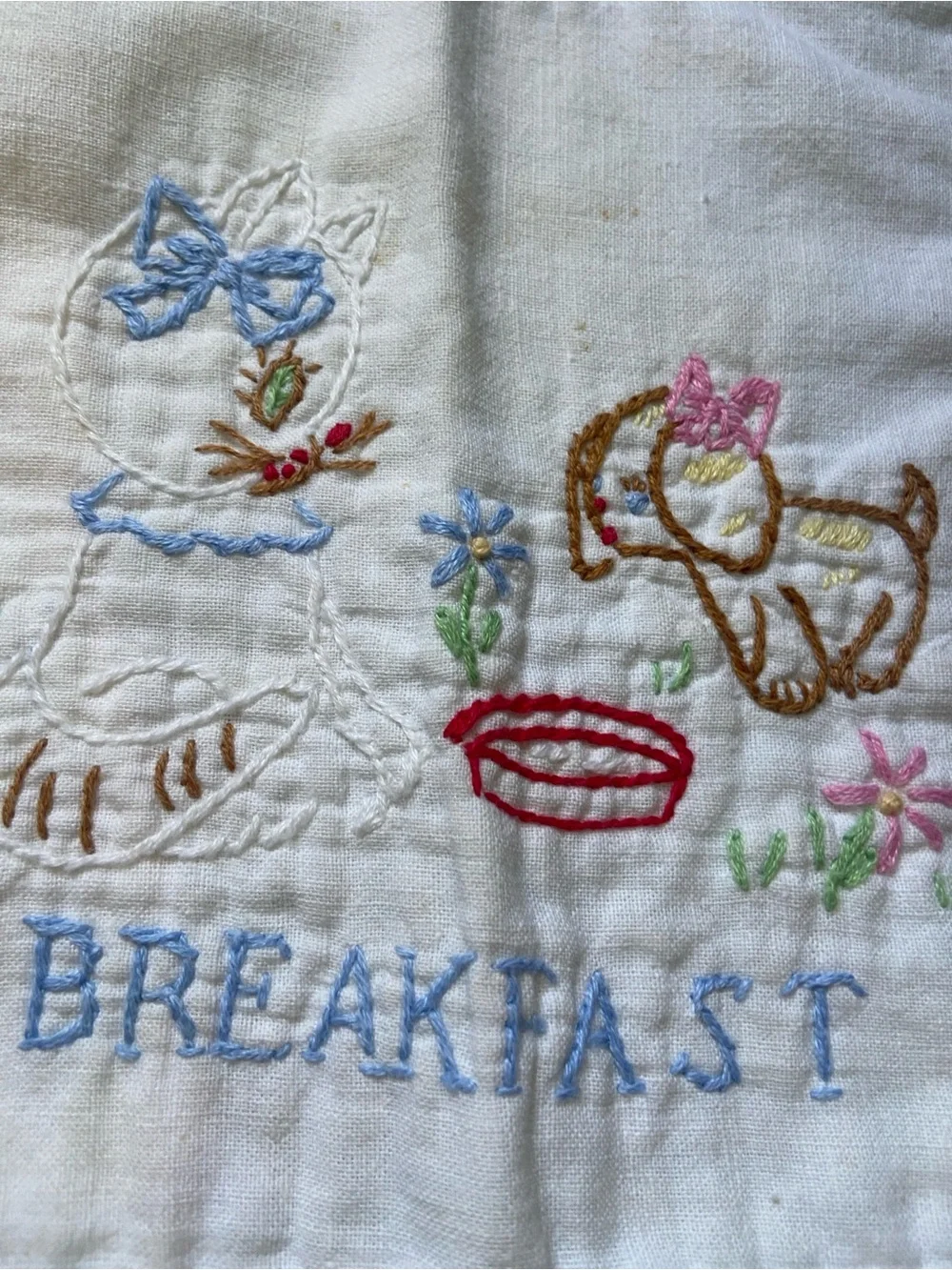 Embroidered Baby Bibs Vintage in Pink & Blue Trim with Bunny and Kitty and Puppy
